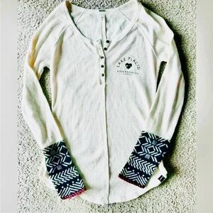 Lake Placid Adirondacks Crean Waffle Knit Long Sleeve Henley embroidered cuffs